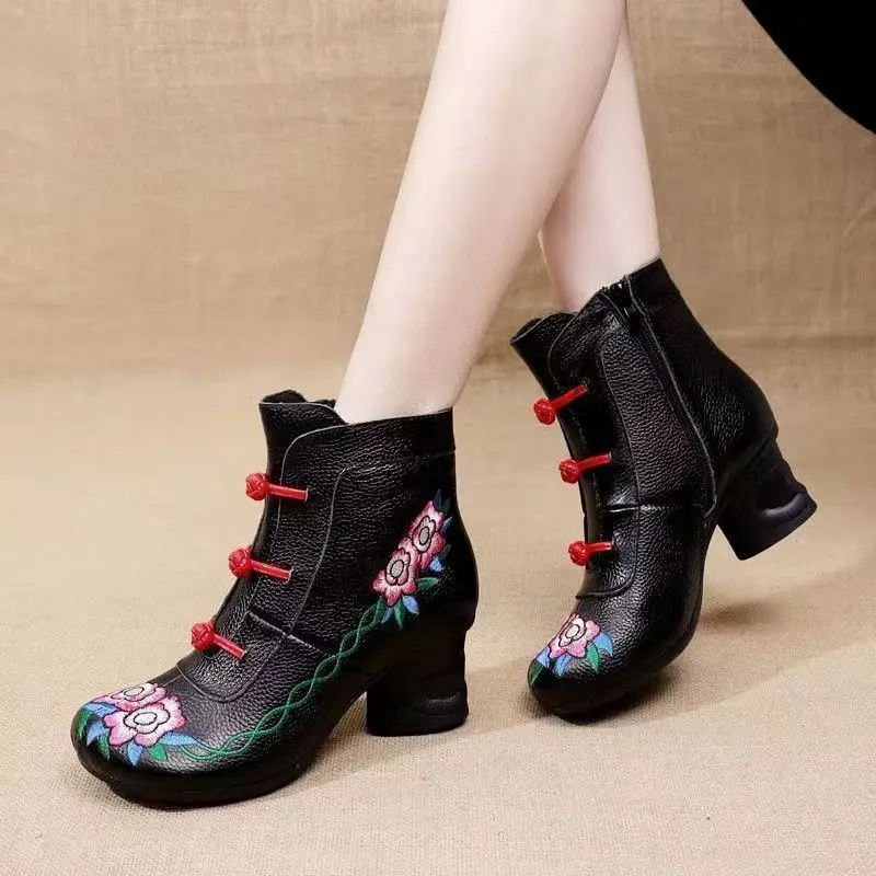 

Ethnic boho ankle boots women's faux leather cheap waterproof shoes woman vintage embroidered boot ladies block mid heel booties