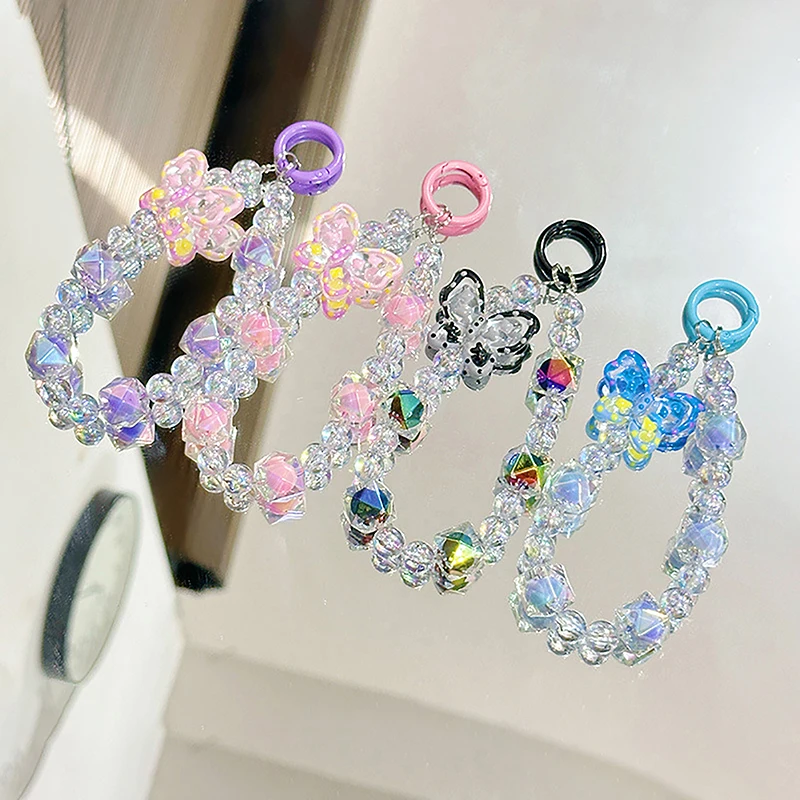 Hot Sale Butterfly Beads Bag Pendant Keychain Sweet Girls Anti Loss Wristlet Cell Phone Chain Earphone Holder Backpack Charms