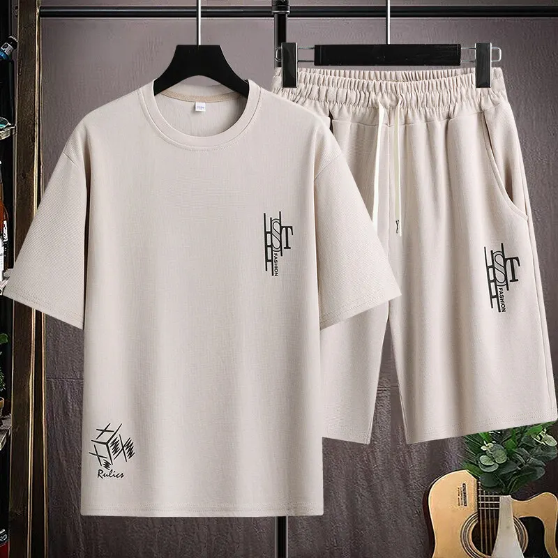 

Летний повседневный тонкий мужской комплект с короткими рукавами, свободная спортивная одежда, футболка и шорты, костюм из двух предметов, легкая модная одежда