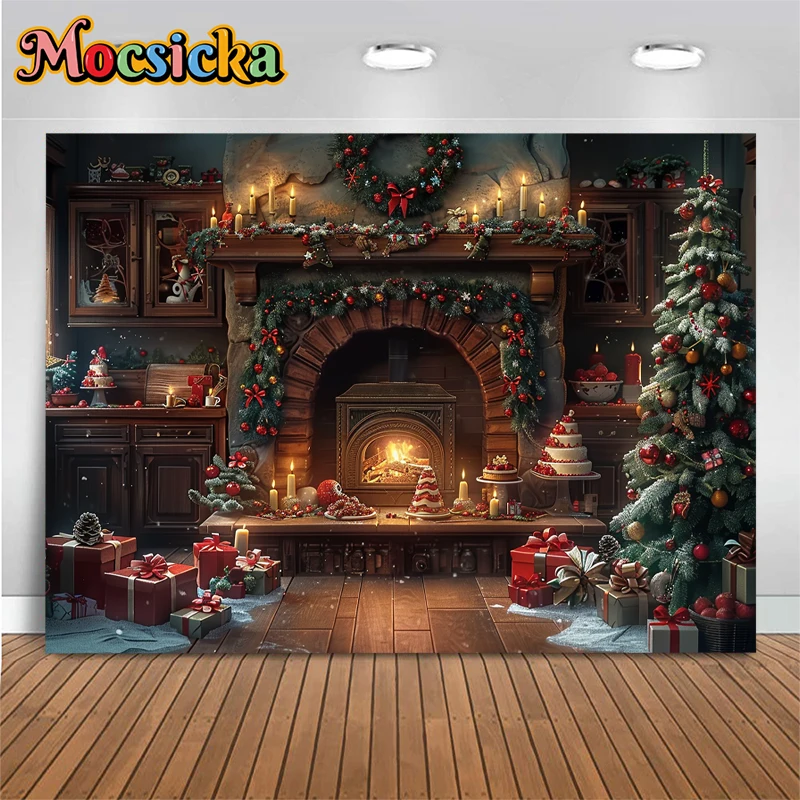 Christmas Tree Home Background For Photography Fireplace Wooden House Birthday Cake Backdrop Party Decoration Props Photo Studio