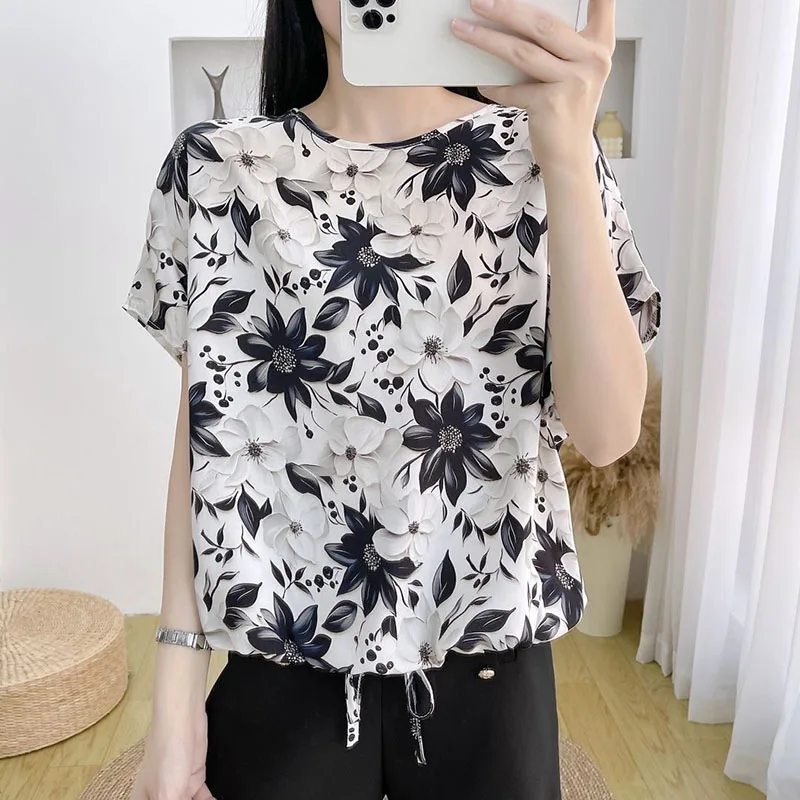 Damen Sommer T-Shirts Locker Sitzende Damen-Oberteile Bedruckte Kurzarm-T-Shirts Baumwolle-Seide Hemd Lässige Muttertags-Kostüm-Oberteile