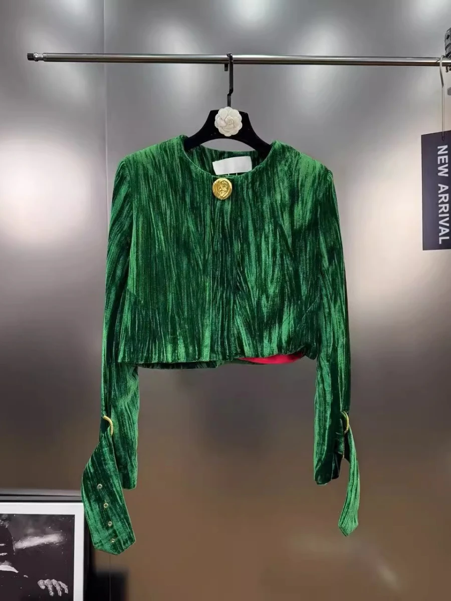 CHICEVER الفرنسية الفاخرة المخملية معطف قصير للنساء س الرقبة طويلة الأكمام المرقعة مشبك معدني أنيقة الرجعية سترة الإناث جديد