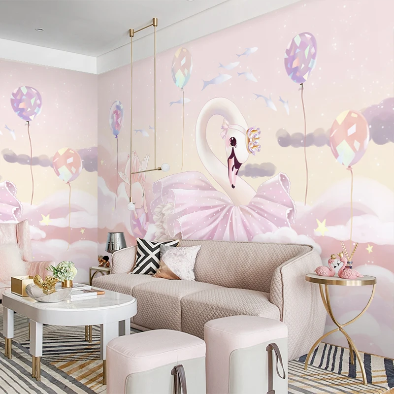 Custom Nordic cartoon whale fantasy pink wall paper princess room wall stickers warm cartoon wallpaper children's clothing store