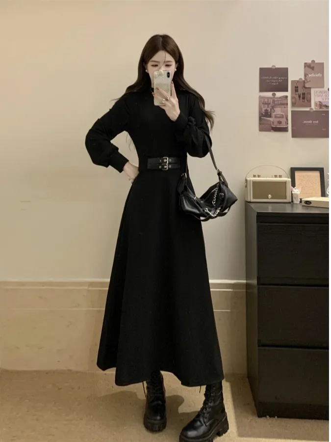 

plus Size A-Line Long Sve Dr Hepburn Sle Women's Slimming Waist Cinched Maxi Dr Korean Sle Commute Faion