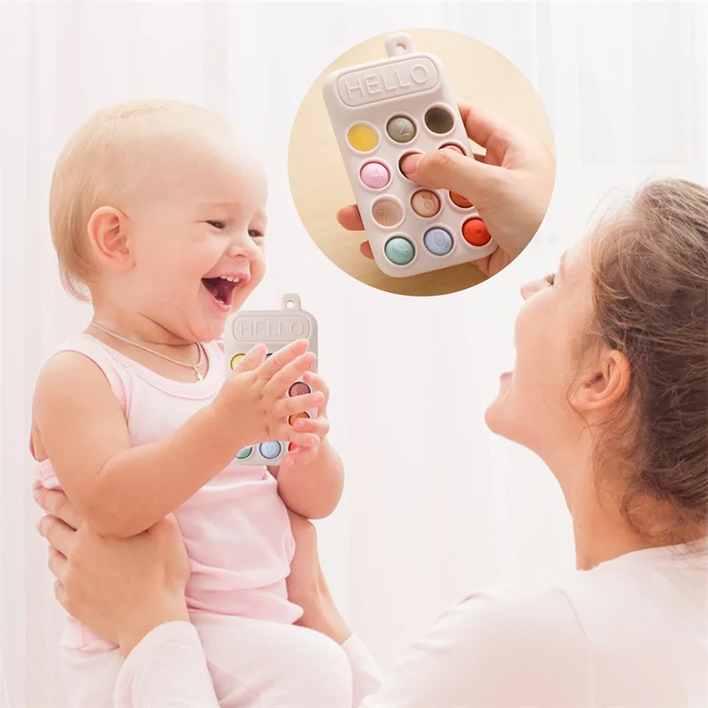 Baby Silicone Cell Phone Teether Toy Press Buttons with Clicking Sound Color and Number Recognition Fine Motor Skill BPA Free