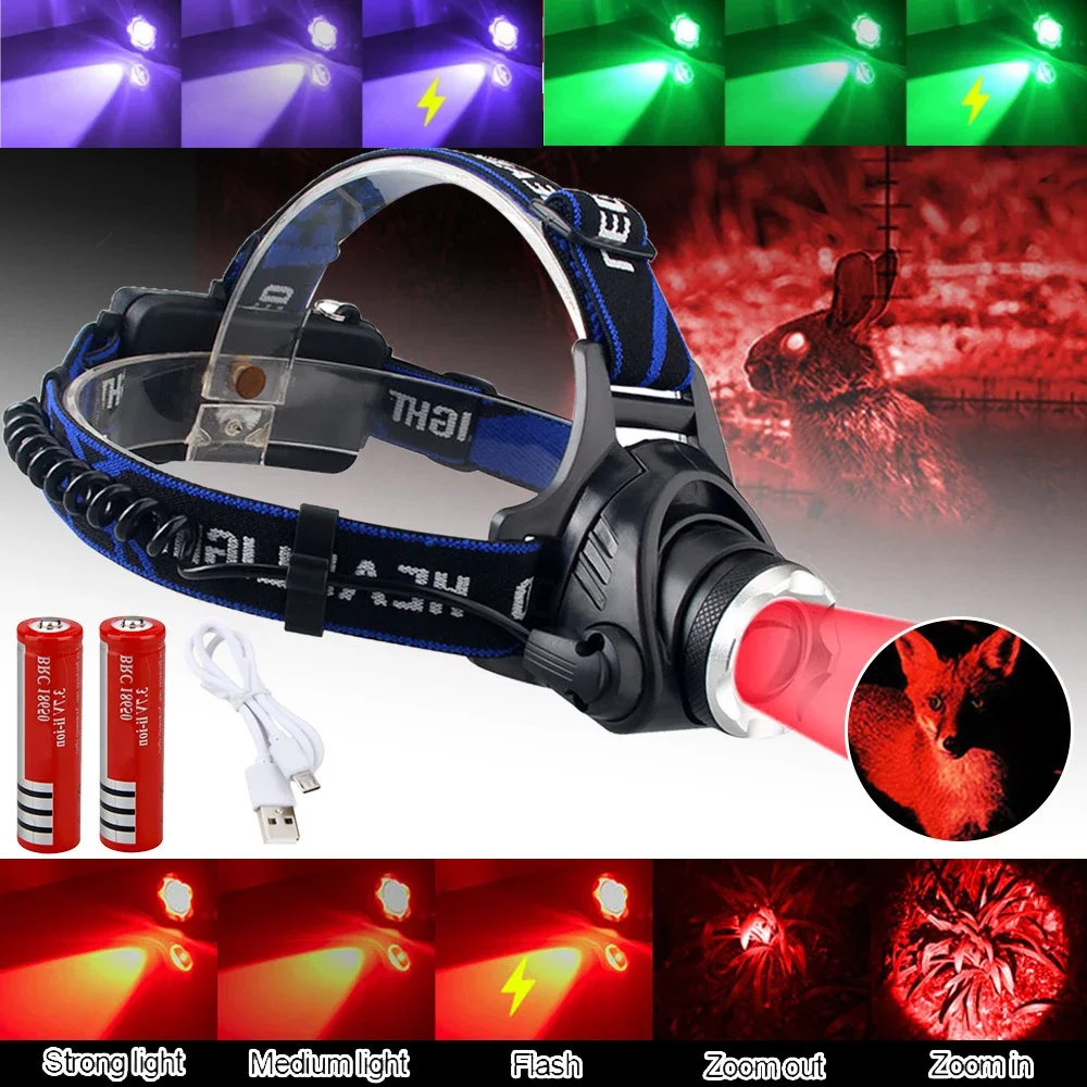 Headlamp+18650 Red Light Head LED Flashlight Outdoor XPG Headlight Tactical Camping Hunting Fishing Zoomable Fishing Headlamp