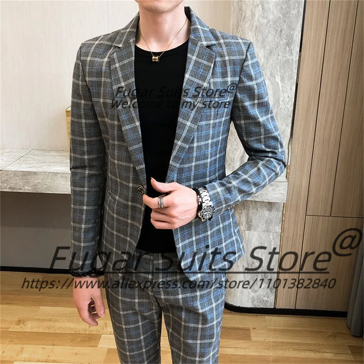 

Italian style Formal Plaid Men Suits Customized Slim Fit Notched Lapel Groom Wedding Tuxedos 2 Pieces Sets Male Prom Blazers