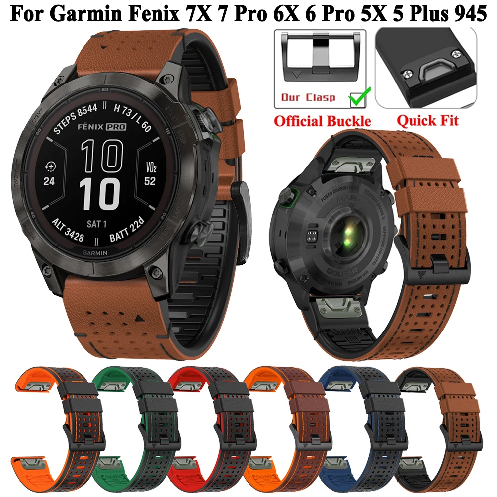 

22/26mm Silicone+Leather For Garmin Fenix 7X 7 Pro 6X 6 Pro 5X Strap Bracelet Epix Gen Pro 2 47 51mm Forerunner 945 955 965 Band