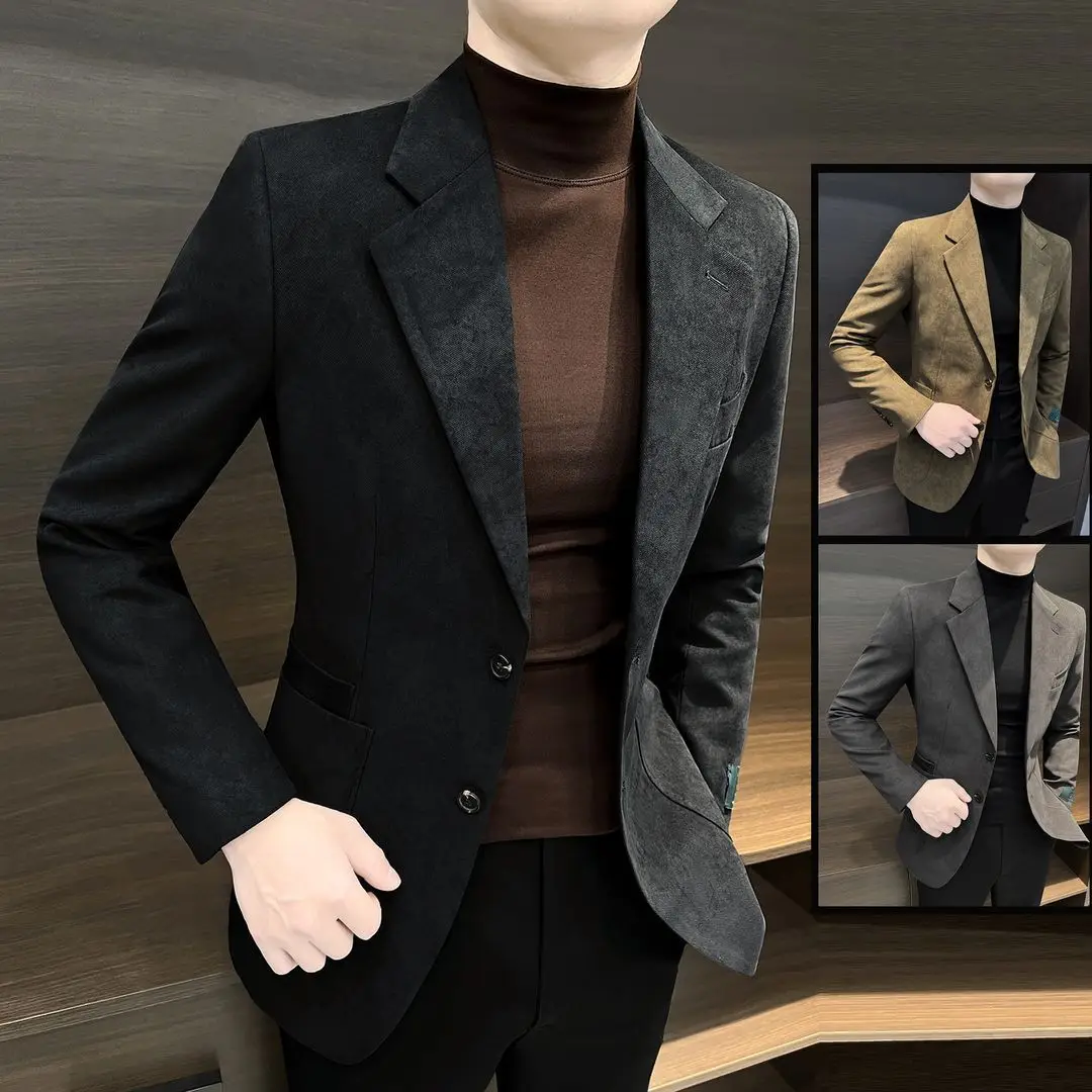 

Spring Autumn Thin Men's Leather Velvet Jaet Casual Busin Sle Long Sve Regular Fit Youth Faion Single Button Coat