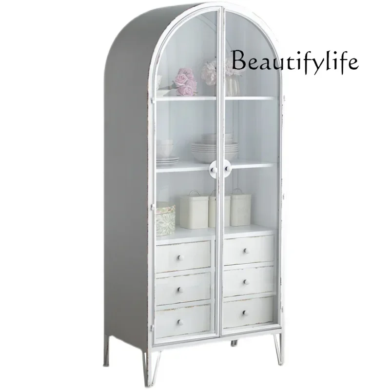 

French country style white wrought iron glass side cabinet storage display display cabinet