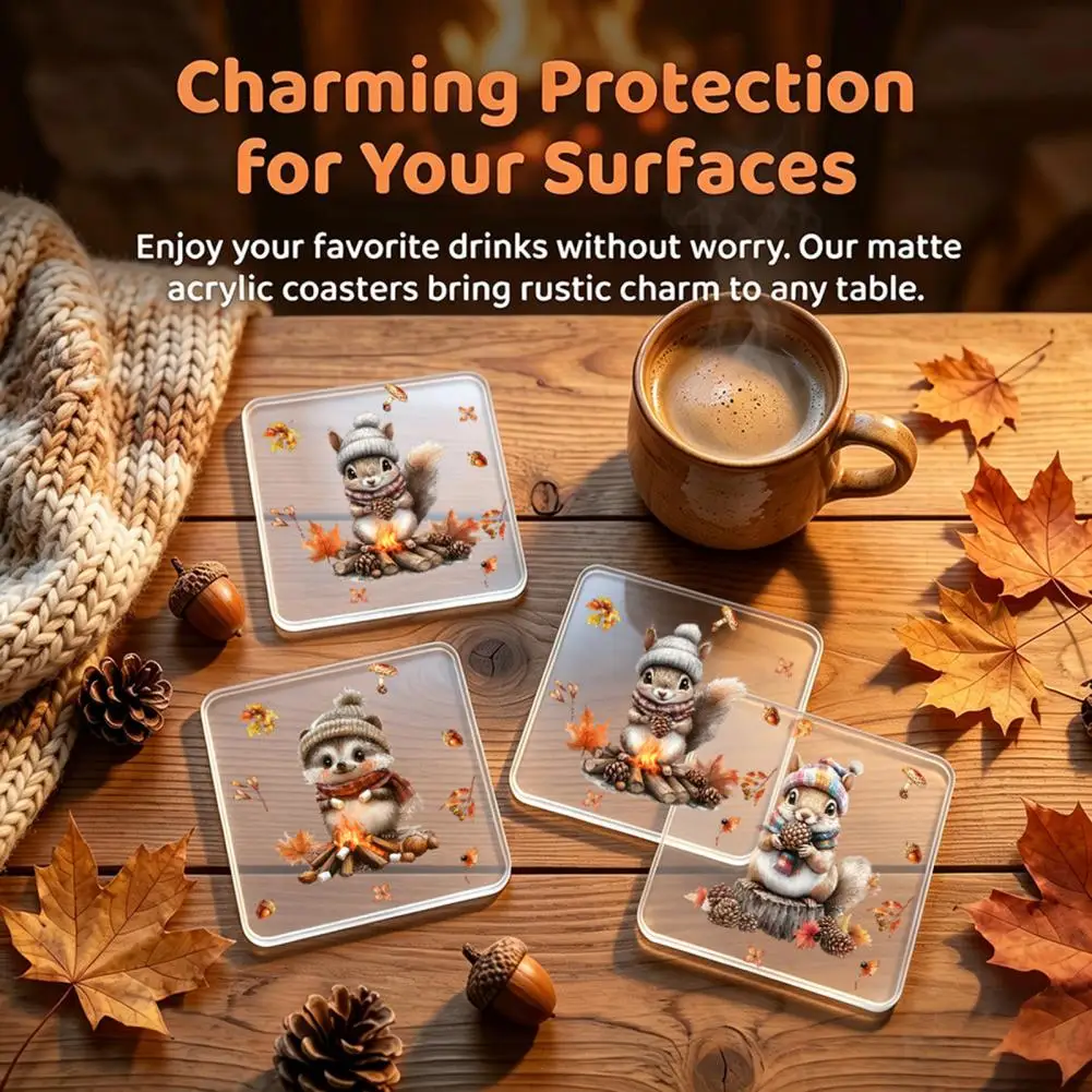 4Pcs Maple Leaf Squirrel Acrylic Coaster 2D Double Sided Reversible Cup Mat Square Heat Resistant Table Mats Home Decor