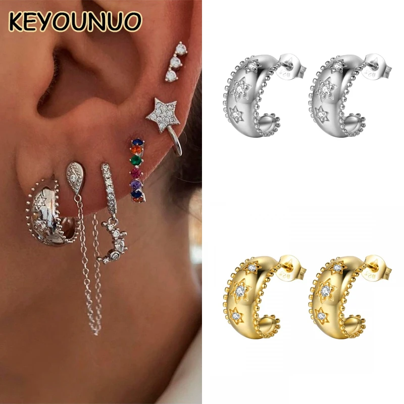 

KEYOUNUO Gold Filled Silver Color Zircon Stars Stud Earrings For Women CZ Huggie Hoop Earring Wedding 2022 Jewelry Wholesale