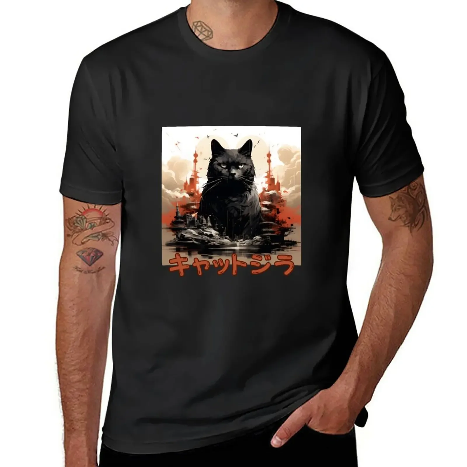 

New Catzilla Japanese Anime-themed Giant and Majestic Black Cat Halloween Fall Design T-Shirt man clothes mens champion t shirts