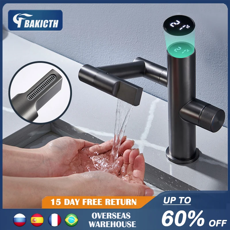 

1080 Degree Basin Faucet Waterfall Tap Modern Intelligent Digital Display Sink Faucet Bathroom Faucet Hot and Cold Water Mixer