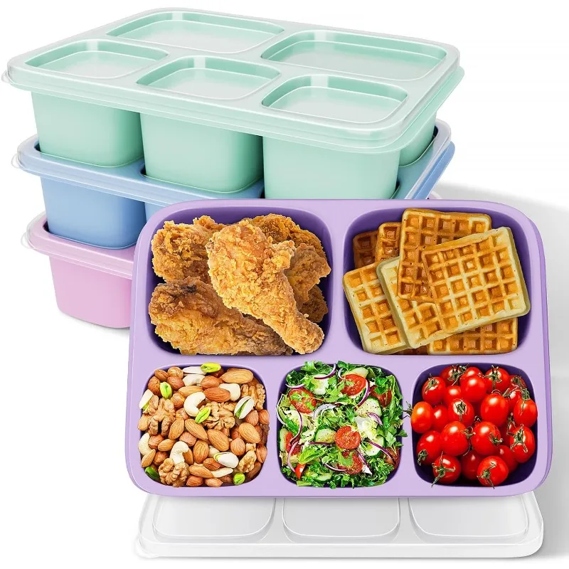 4 Pack Lunchable Container with 5 Compartments for Adults On-the-Go Meals [Portion Control], Reusable Bento Lunch Box