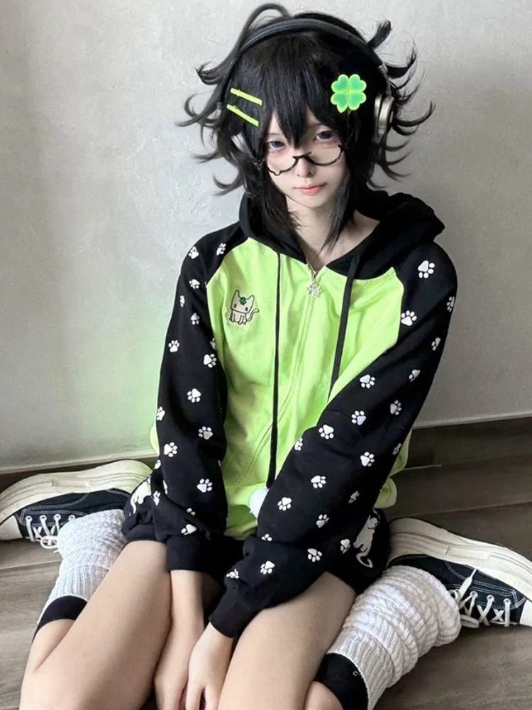 Harajuku Contrast Color Casual Hoodies Women Y2k Aesthetic Cartoon ​printing Hoody Streetwear ​Zipper Pocket Grunge Sweatshirt