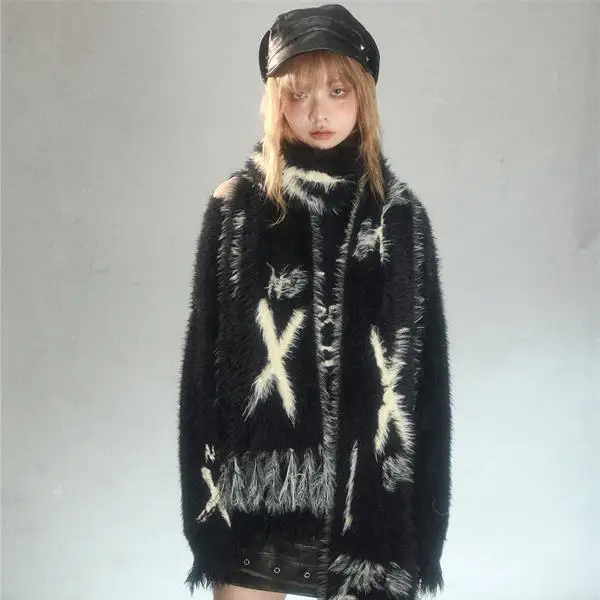 

Imitation Mink Knitted Sweater Lazy Design Romantic Punk Graffiti Jacquard Street Niche Autumn Winter New Top