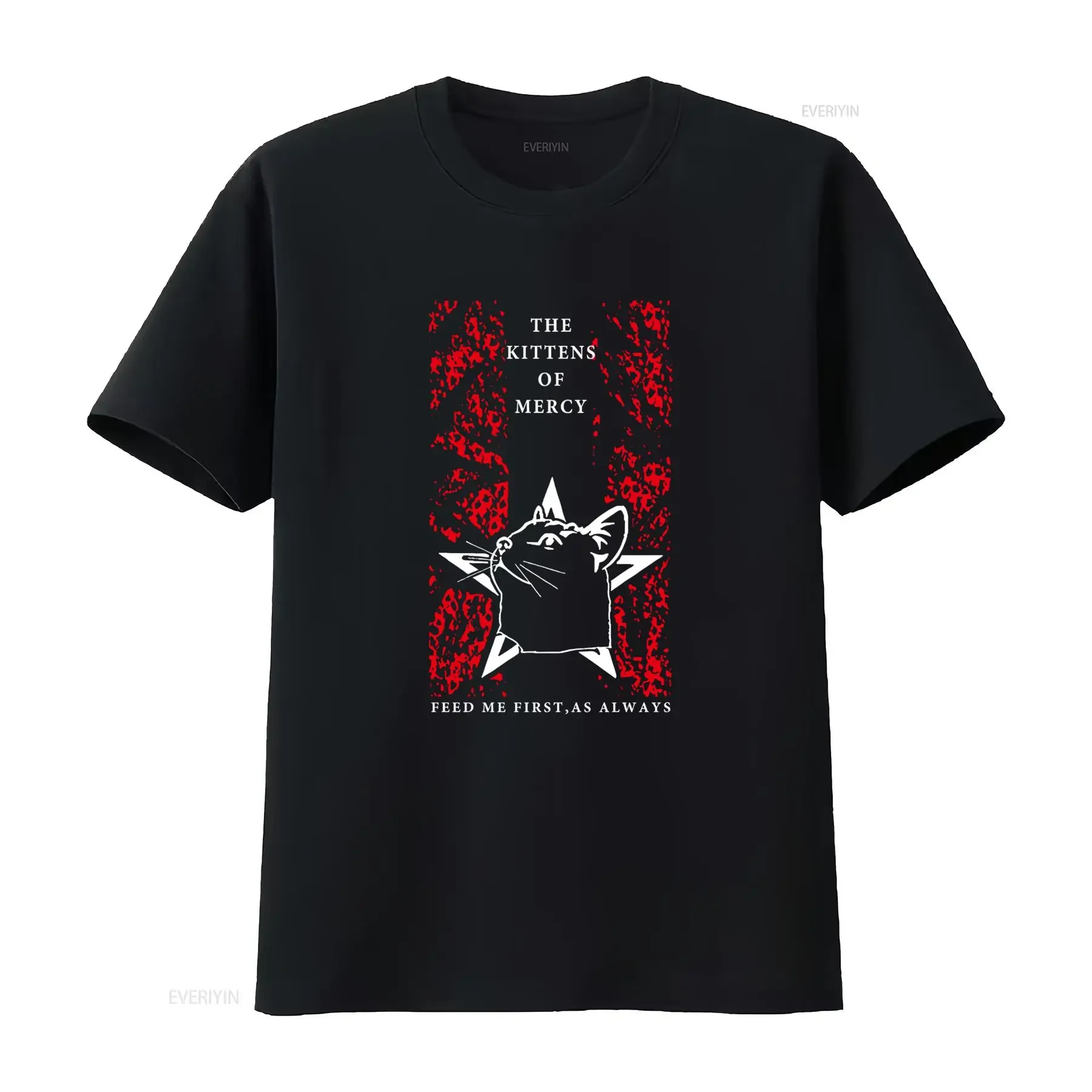 Camiseta negra y roja The Kittens of Mercy Feed me First as Always, estilo vintage, ligeramente desgastada, suave, de diseñador, para hombre, a la moda.
