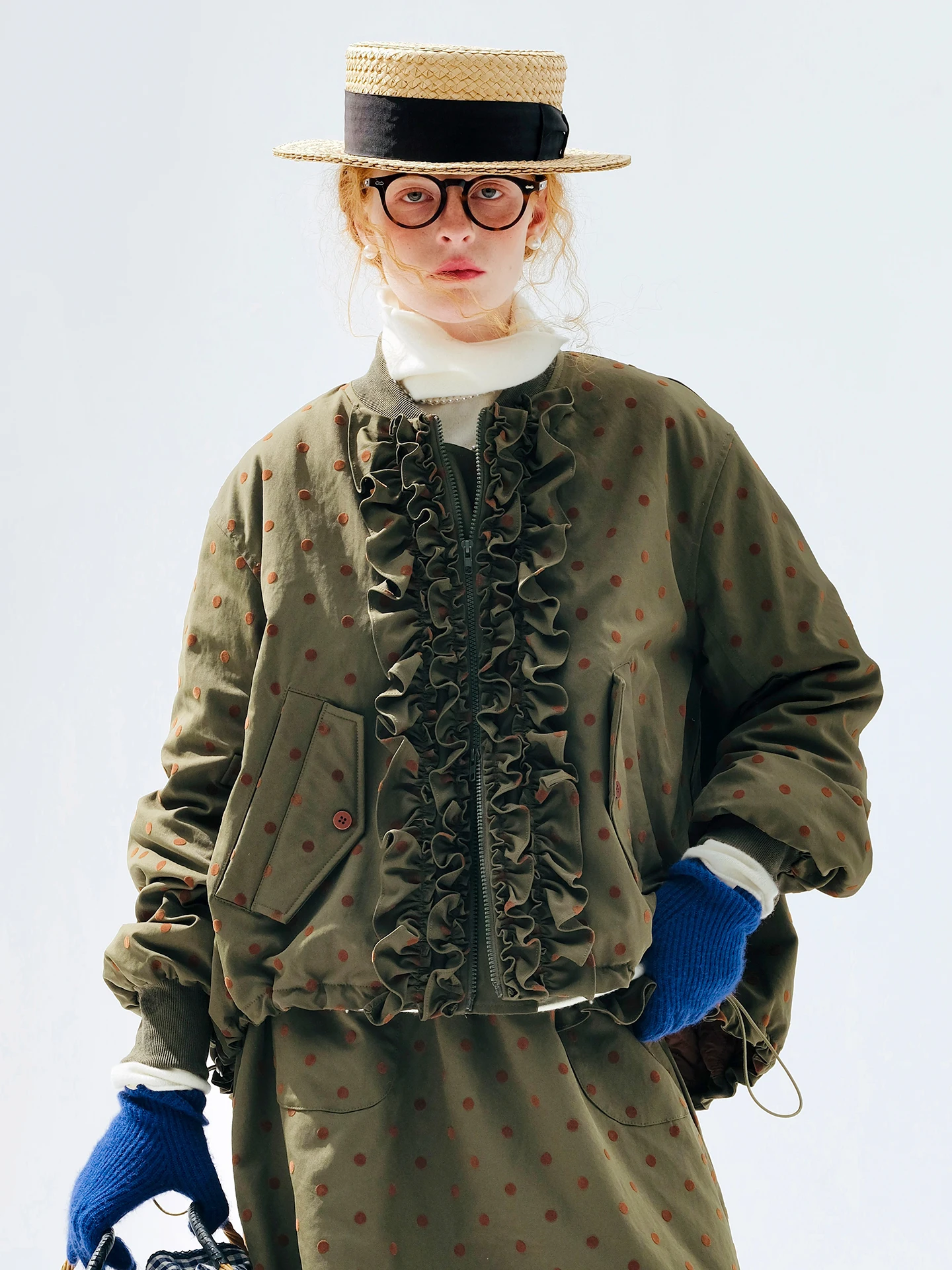 

Retro Polka Dot Cotton Jacket, Ruffle - Zipper Quilted Top, Casual Gathering, Sweet & Chic 255293