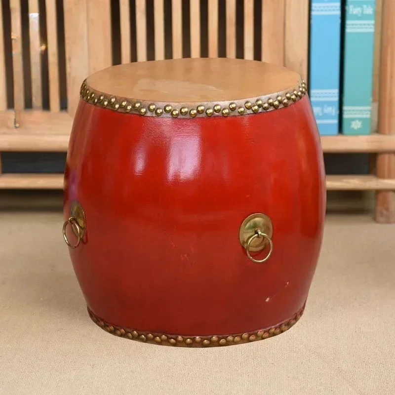 Solid Wooden Stool with Chinese Cowhide Drum Shoe Replacement Circular Sofa for Living Room Mortise Installation