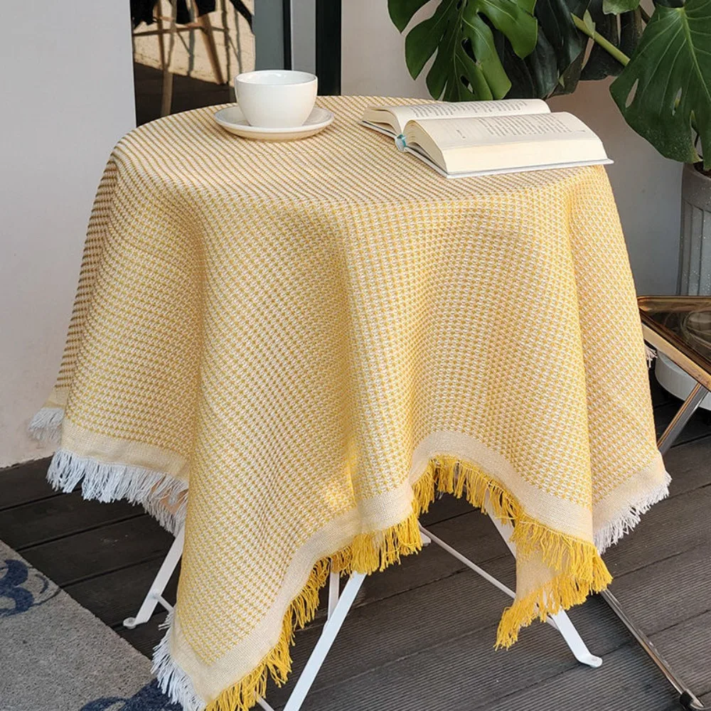 

Multi-purpose Garden Table Cloth Waffle Texture White Round Table Tablecloth Fringe Solid Color Dinner Tea Table Covers Coffee