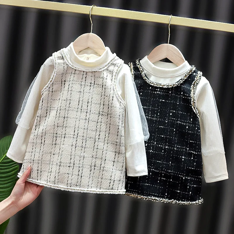 

Baby Girl Clothes Set Fashion Stylr Lace Puff Sleeve Pullover Tops+Sleeveless Plaid Dress 2Pcs Girl Suit Princess Dress A965