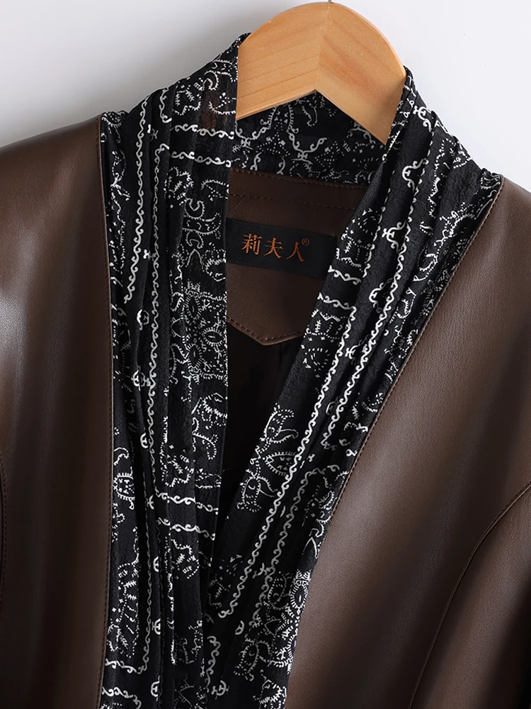 Leather coat women's mid length over knee leather windbreaker jacket tie up waist cinching coat 2025 Spring Autumn new style