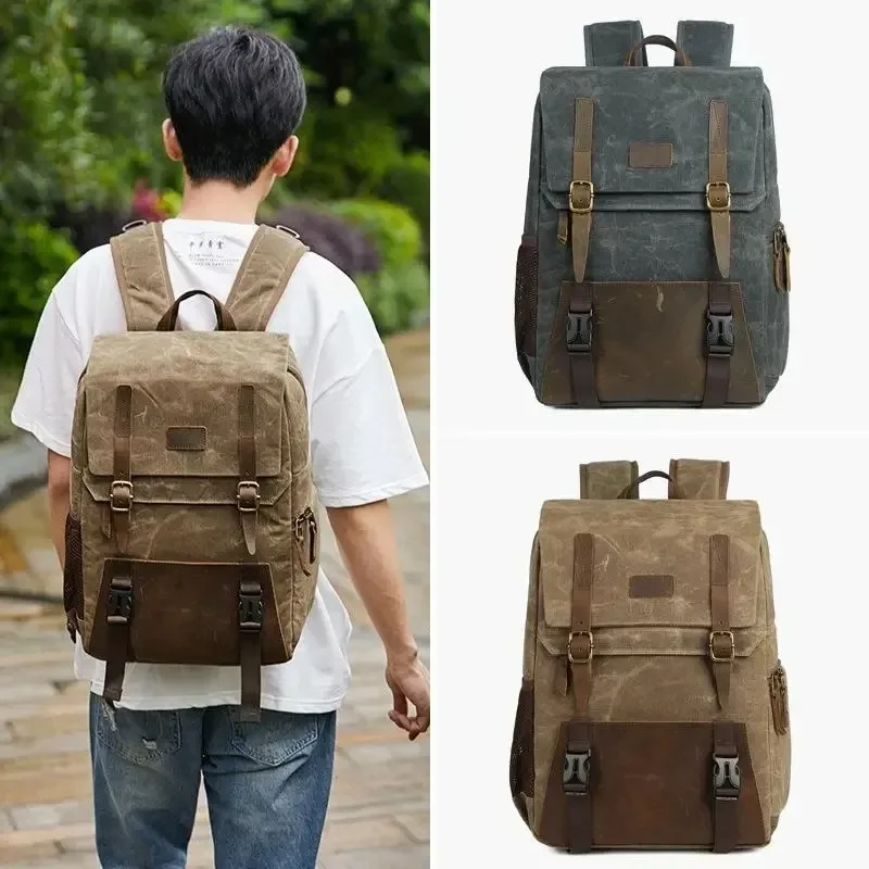 Photo Batik Canvas Waterproof + Leather Camera Bag Backpacks Large Capacity Laptop Carry Bag For Digital Video Camera Travel Bag