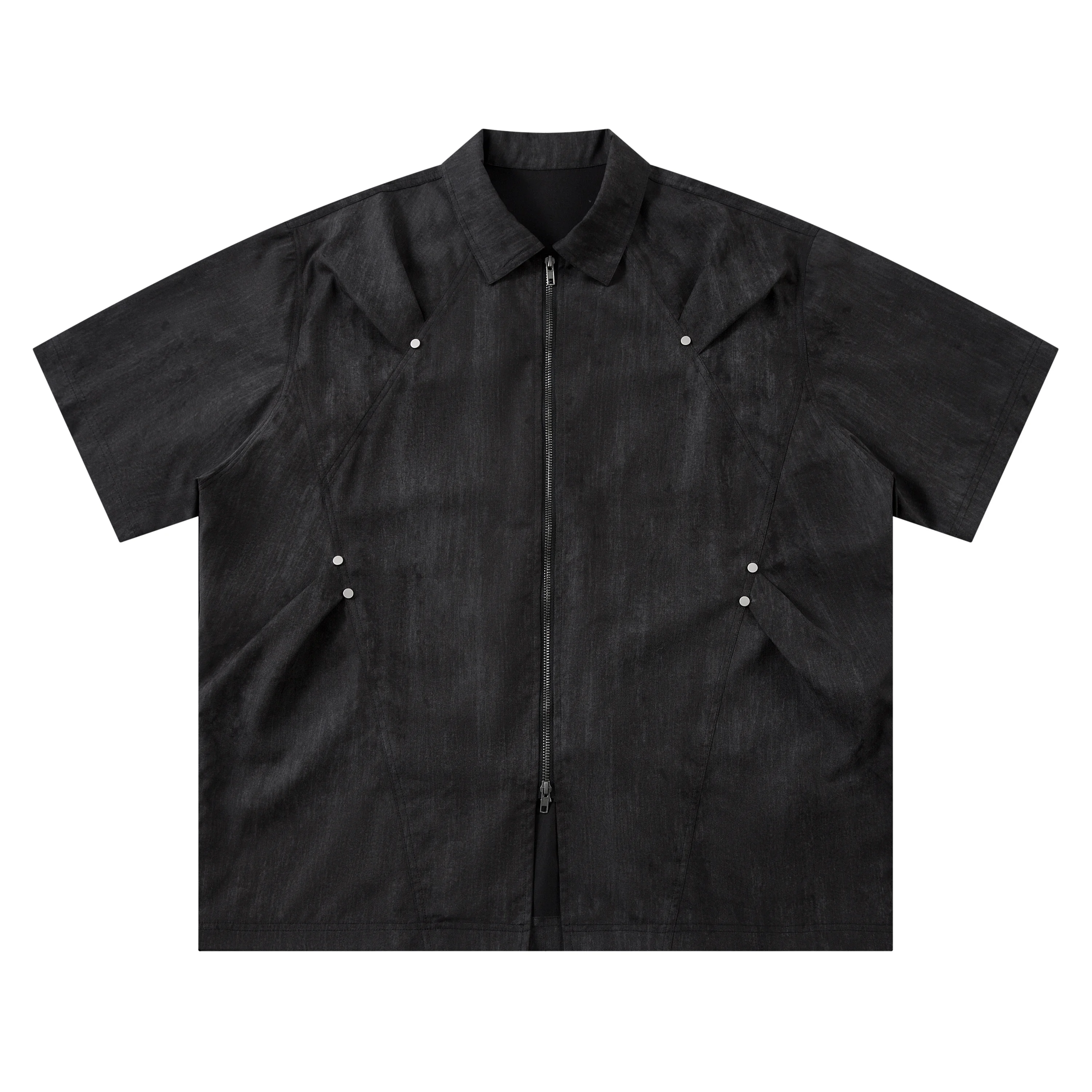 

C221 Модная брендовая мужская рубашка на молнии с коротким рукавом в американском уличном стиле Cityboy Design Sense Плиссированные повседневные топы с заклепками