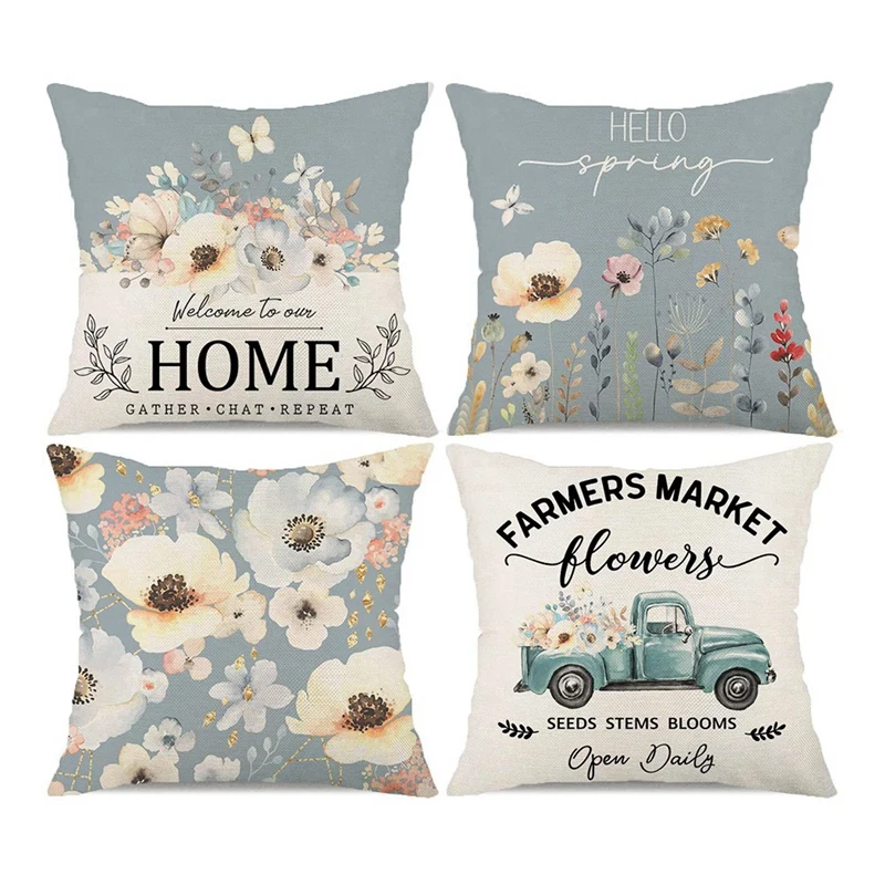 

Spring Pillow Covers 18X18 Set Of 4, Farmhouse Throw Pillow Covers Home Sofa Couch Decor