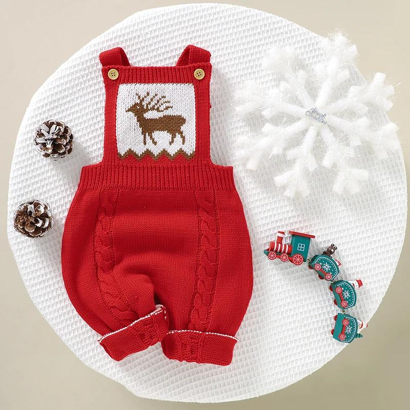 Baby Christmas Rompers Hats Clothes Red Reindeer Knitted Winter Newborn Boys Girls Jumpsuits Outfits 2pcs Infant Unisex Overalls