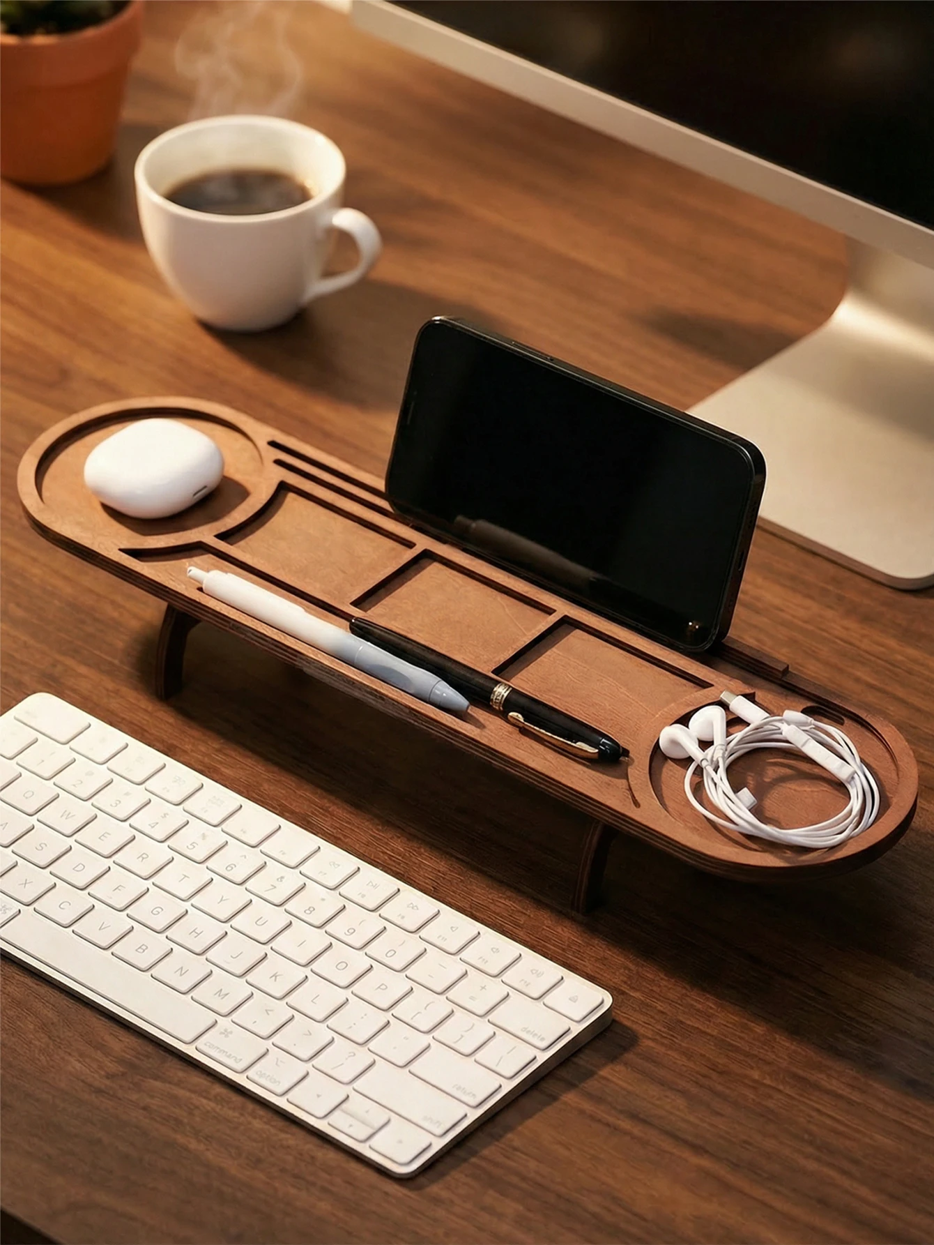 Wooden Desk Organizer Tray Multi Compartment Desktop Storage Holder for Small Gadgets Minimalist Office Table Decor Accessory