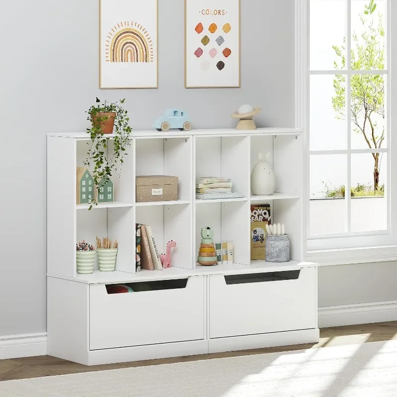 Kids 'Bookshelf and Toy Storage Organizer, Estante para Crianças com Cubbies, Prateleira de Madeira Ajustável com Gaveta para Quarto