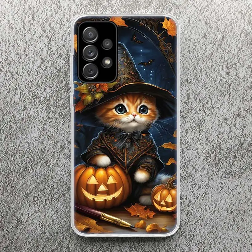 Schwarzes Kätzchen Halloween Kürbis Handy hülle für Samsung Galaxy A14 A54 A13 A53 A12 A52S A24 A34 A23 A33 A22 A32 A04s A03s A02s A72