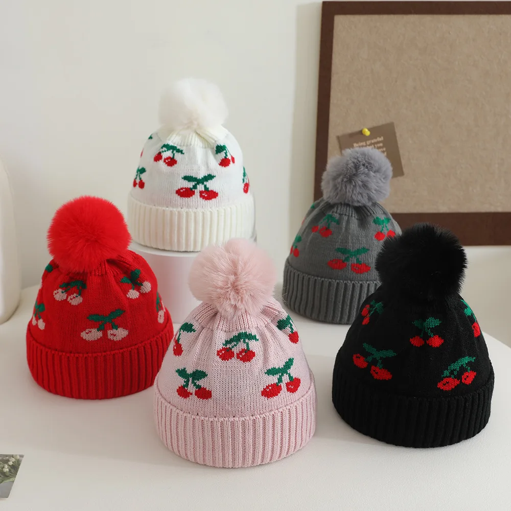 

5 Colors Cute Floral Ear Protection Hat for Girls Warmth Knitted Hats Kids Winter Lovely Cherry Beanie Hat 1-5Y