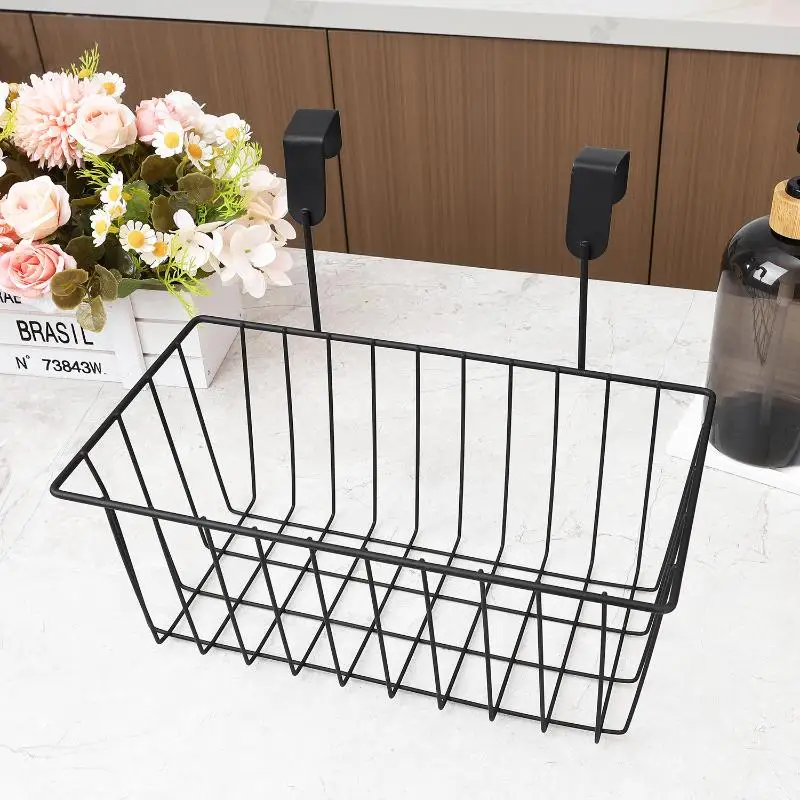Black Iron Hanging Storage Basket Ventilated Design Sturdy Hooks Large Capacity Organizer for Kitchen Pantry