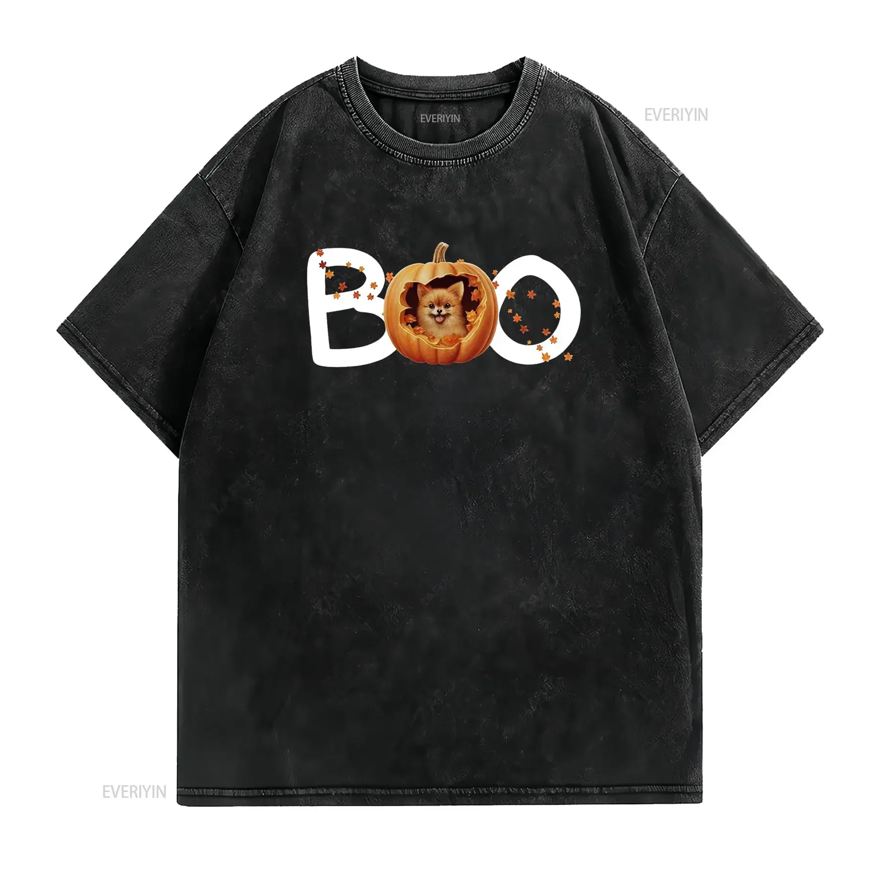 Cute Cartoon Halloween Boo Pumpkin Pomeranian Puppy Maple Leaf Print Casual T Shirt vintage Washed Stretched Stylish Slightly