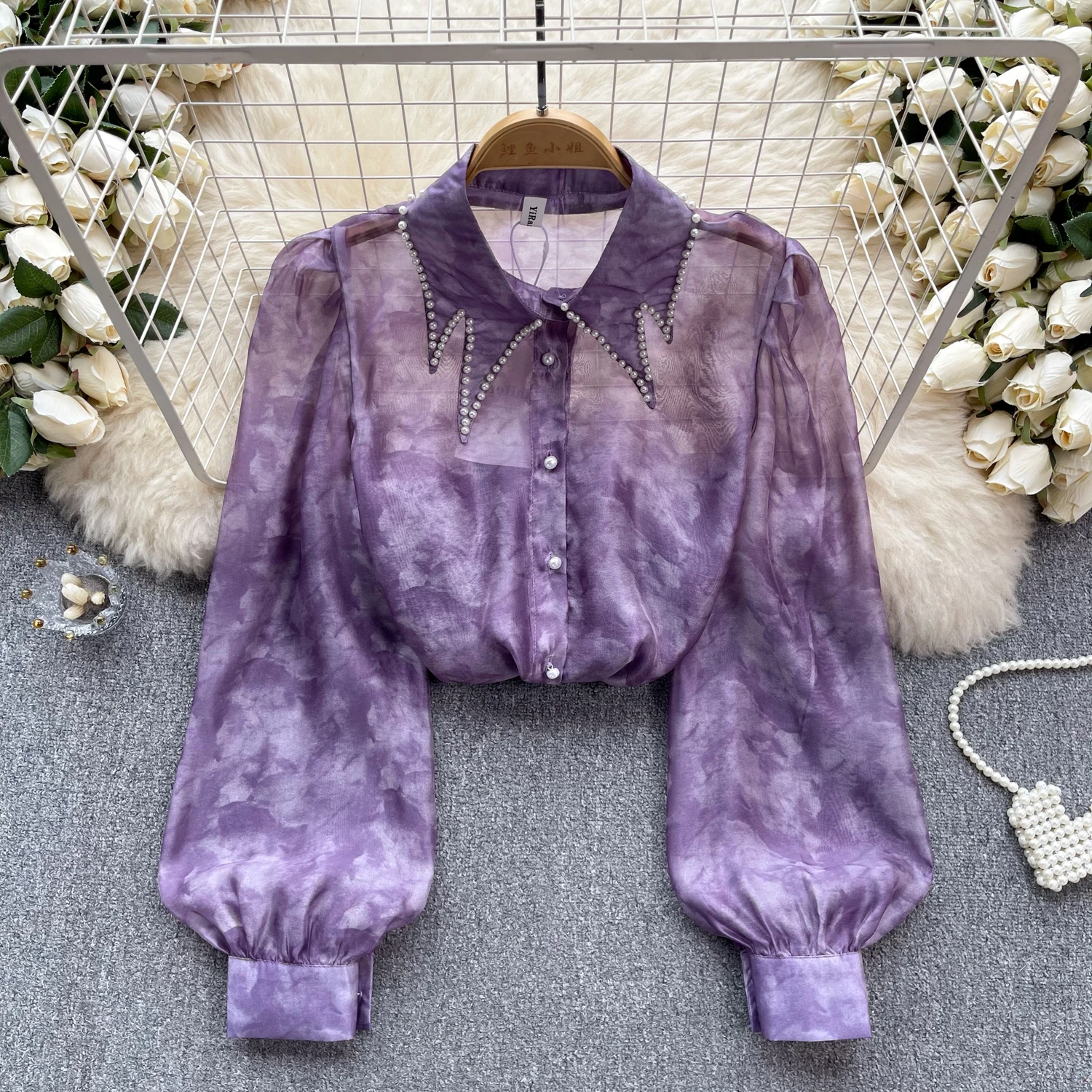 Vintage Rhine Stone Lantern Long Sleeve Blouse Slim Elegant Fashion Crop Top Sexy Spring Summer Women Shirt