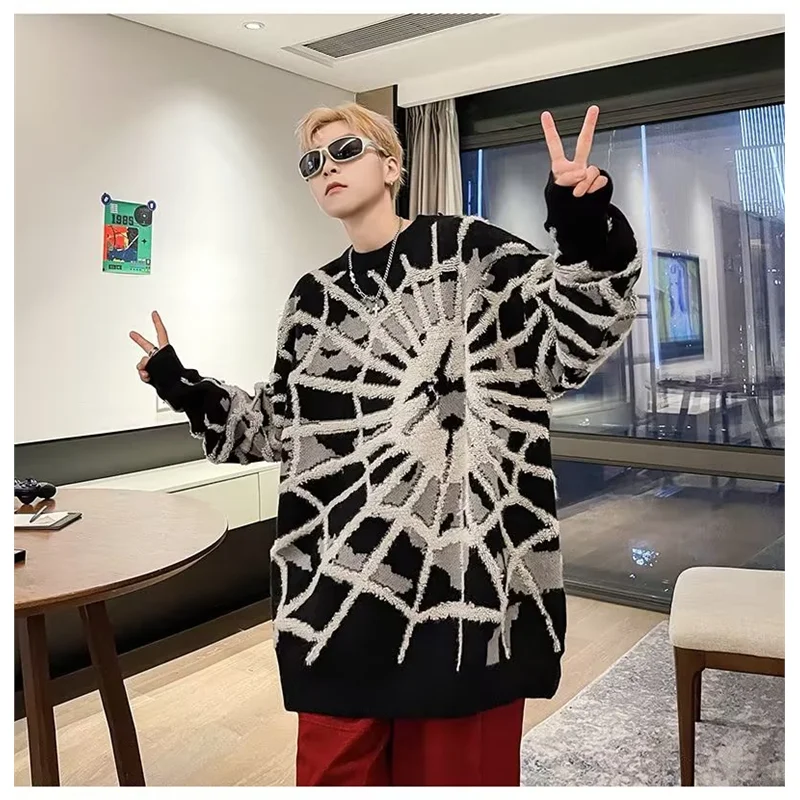 เสื้อสเวตเตอร์ผู้ชายไซส์ใหญ่ 300 ปอนด์ ลายปักแมงมุม สไตล์วินเทจ ดีไซน์สตรีทแฟชั่น ทรงหลวม สไตล์ลำลอง ถักนิตติ้ง