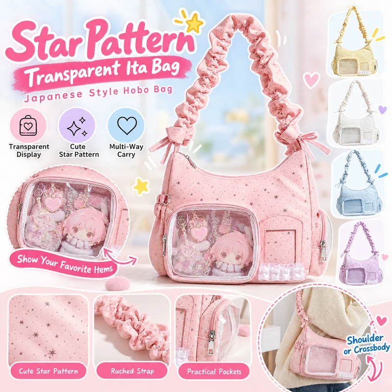 Star Pattern Transparent Ita Bag Sweet Japanese Style Hobo Shoulder Crossbody Bag Casual Anime Display Handbag For Women