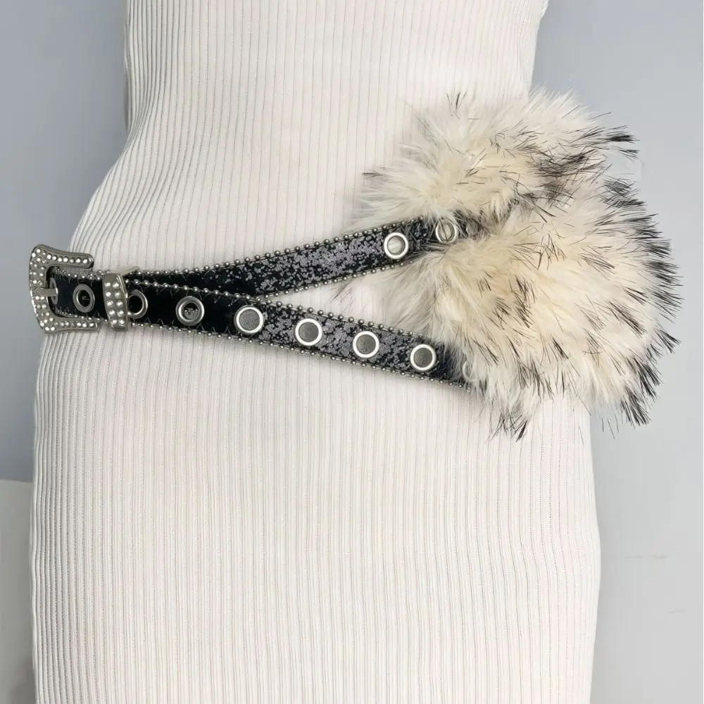 

Y2K Leather Fur Belt Rhinestone Spicy Girl Style Furry Waistband Korean Style Jeans Decor Plush Waist Belt Dress Decoration