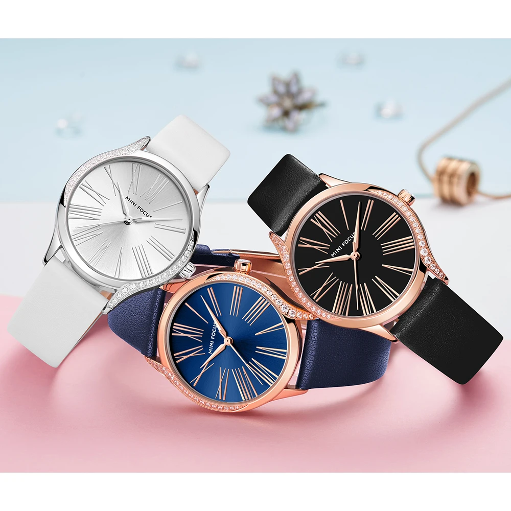 MINI FOCUS MF0259L Elegant Women Watch Diamonds Case Genuine Leather Strap Waterproof Ladies Quartz Watches