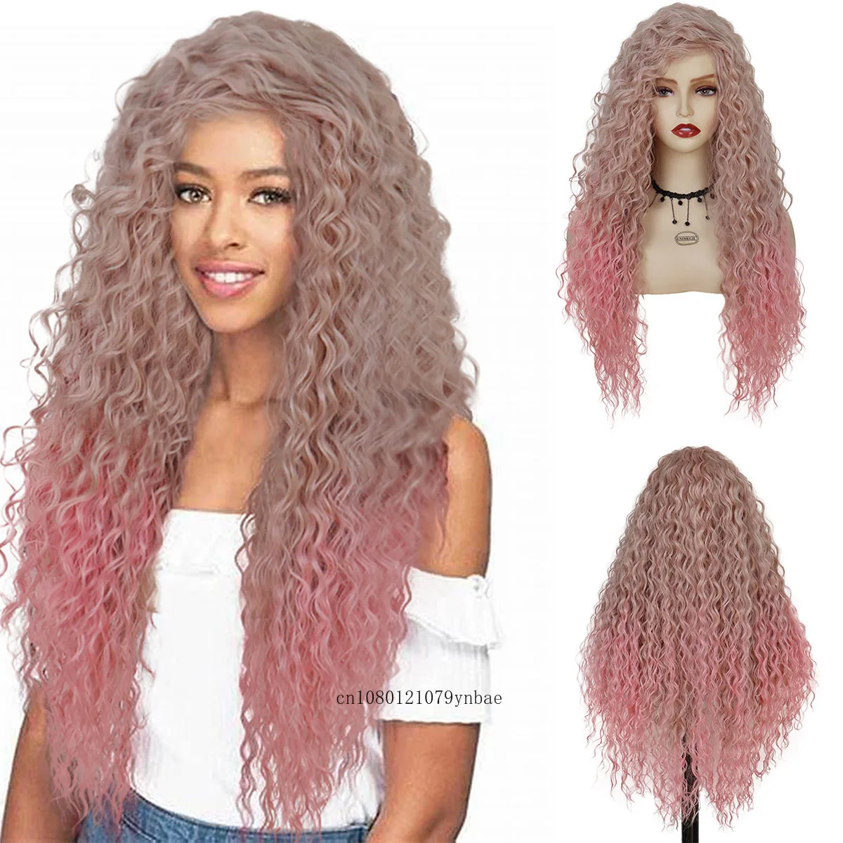 Synthetic Hair Ombre Pink Wave Wig for Women Lady Charming 28 Inch Long Wavy Curly Wigs Daily Party Costume Use Natural Looking