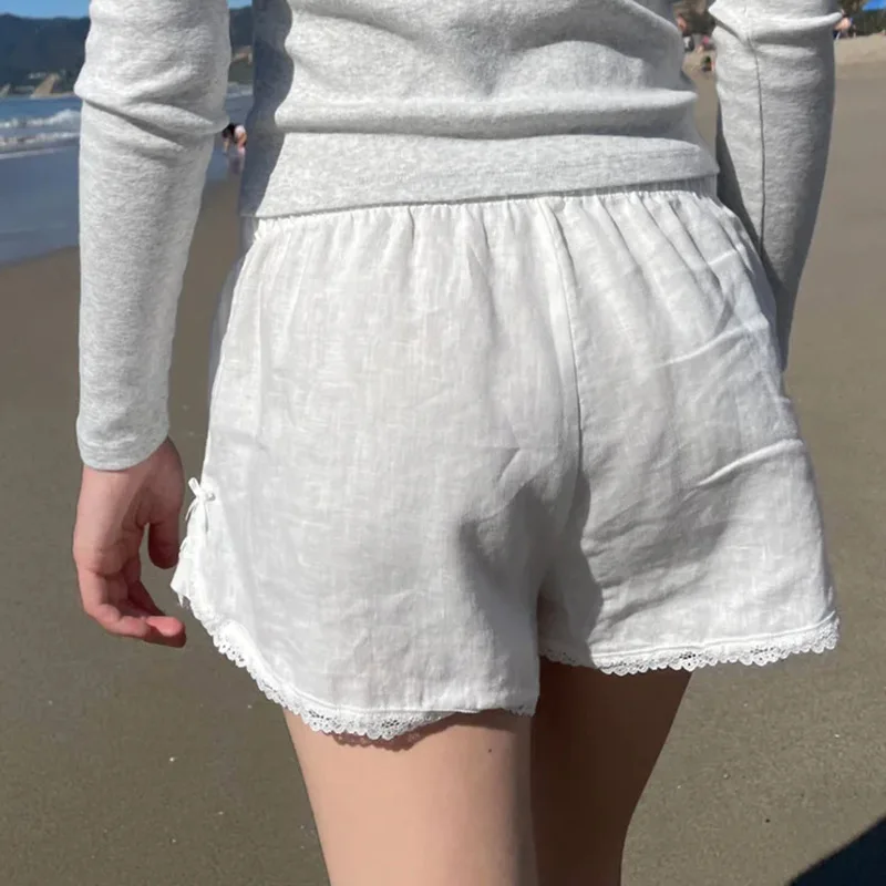 

Pure Color Casual Shorts for Girls Lace Trim Straight Leg Knitted Pants Natural Waist Spring Fashion Style