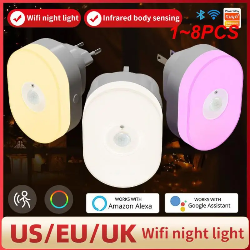 

1~8PCS WiFi Tuya Smart LED Night Light PIR Motion Sensor Light EU US UK Plug Wall Lamp Warm White RGB Room App Voice For Alexa