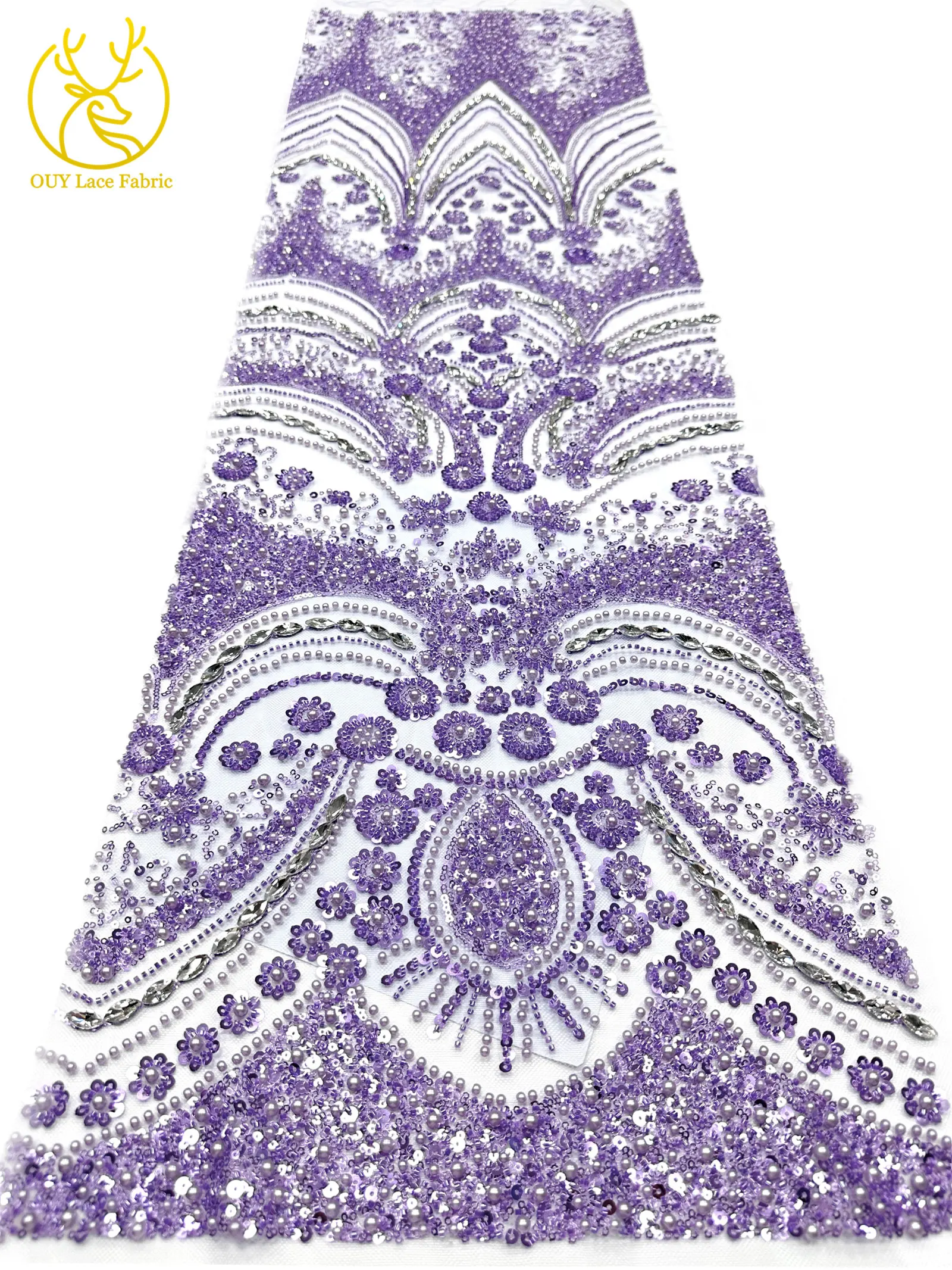 Luxuriöser königlicher lila afrikanischer handgefertigter Perlen-Spitzenstoff, französischer Pailletten-Stein-Tüll-Spitzenstoff für Hochzeitskleid-Design – Detail 28