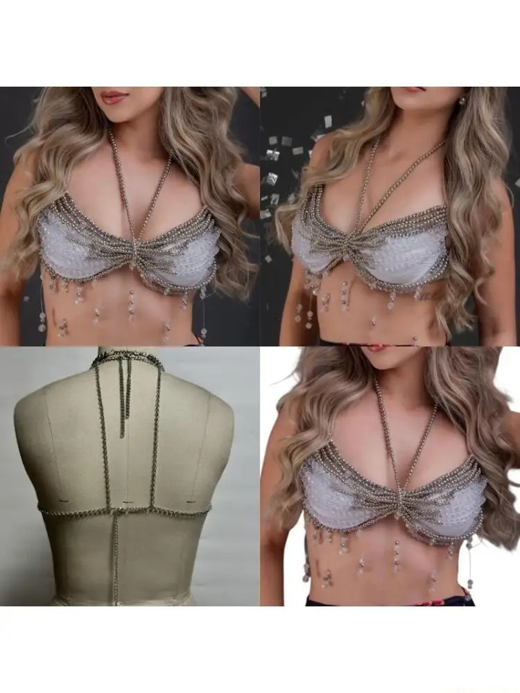 31BF Halter Crop Top Body Chain Contrast Beaded Tassels Jewelry Bra for Women