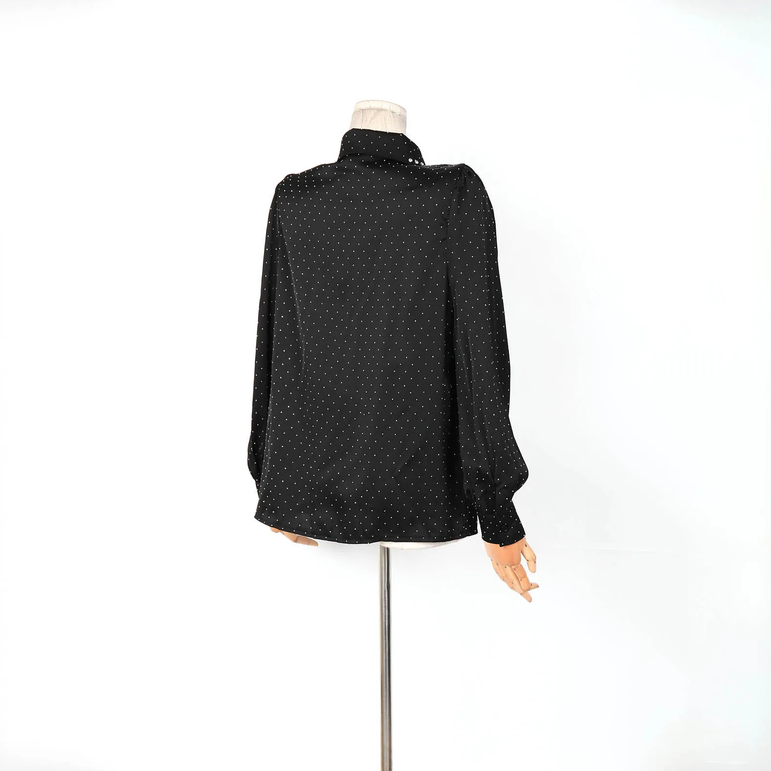 Hot 2025 Spring Women's Black Polka Dot Blouse with Pearl Embellished Collar Puff Sleeve Button Down Elegant Casual Shirt