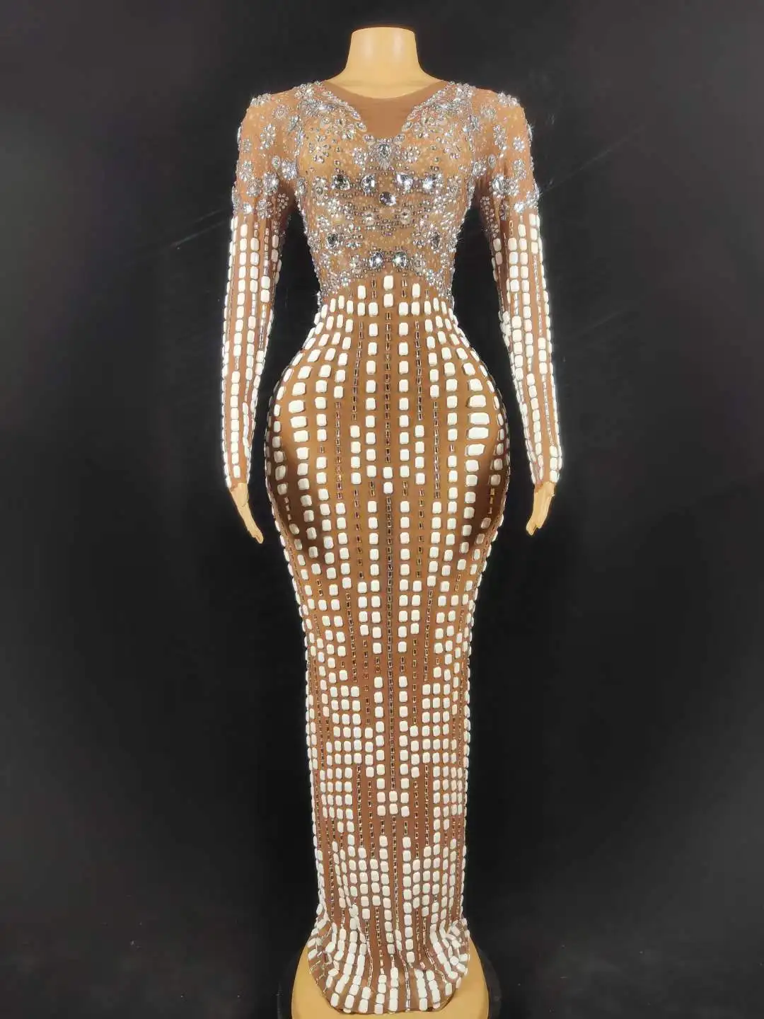 

Women Crystals Sexy Perform Stage Wear Long Dress Stunning Rhinestone Sheer Outfits