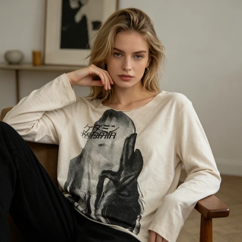 Men's Y2K Dark Streetwear Long Sleeve Shirt Grunge Aesthetic Halftone Portrait Print Crew Neck Tee Urban Skateboarding Black